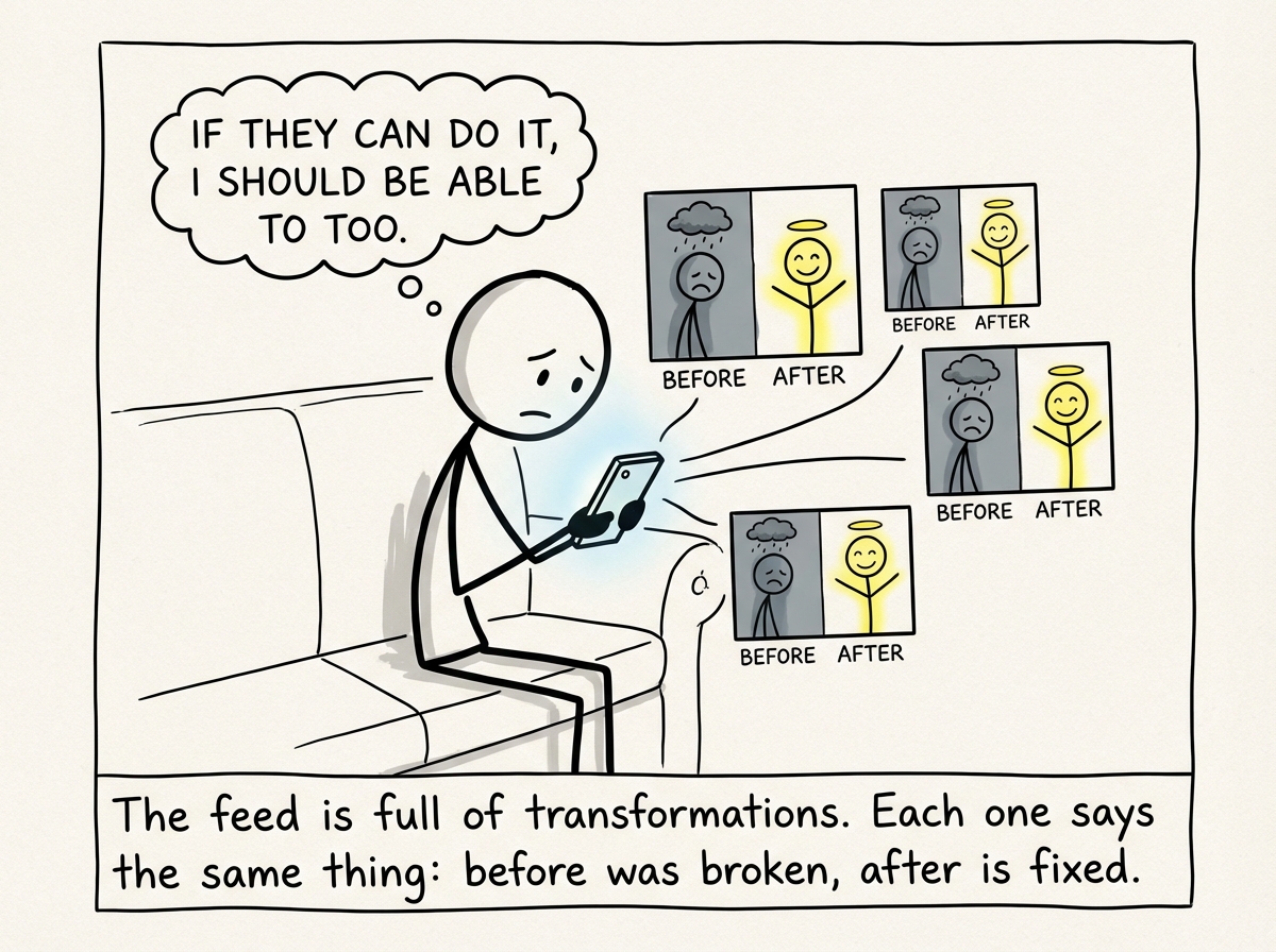 A stick figure scrolling through their phone, bombarded by before-and-after transformation photos. Each pair shows a sad, dim 'before' person and a glowing, happy 'after' person. The figure thinks 'If they can do it, I should be able to too'