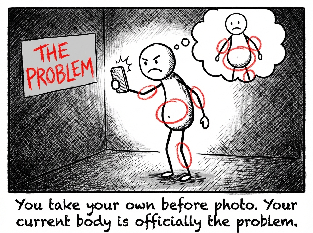 The stick figure takes their own 'before' photo -- bad lighting, slouched posture, unhappy face. They circle everything they want to change. The photo is labeled 'The Problem.' Their current body is the enemy