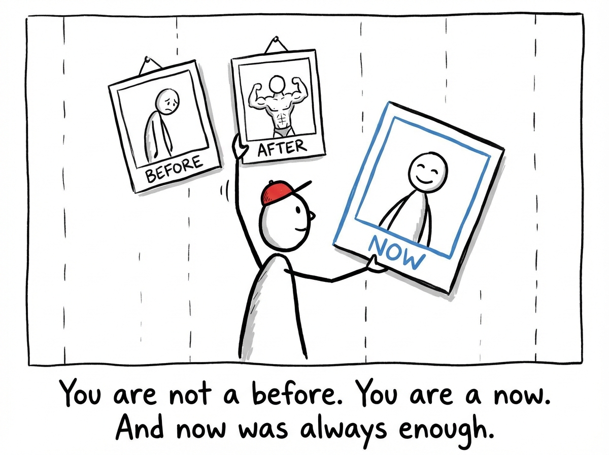 A stick figure taking down the before-and-after photos from their wall and replacing them with a single photo labeled 'Now'