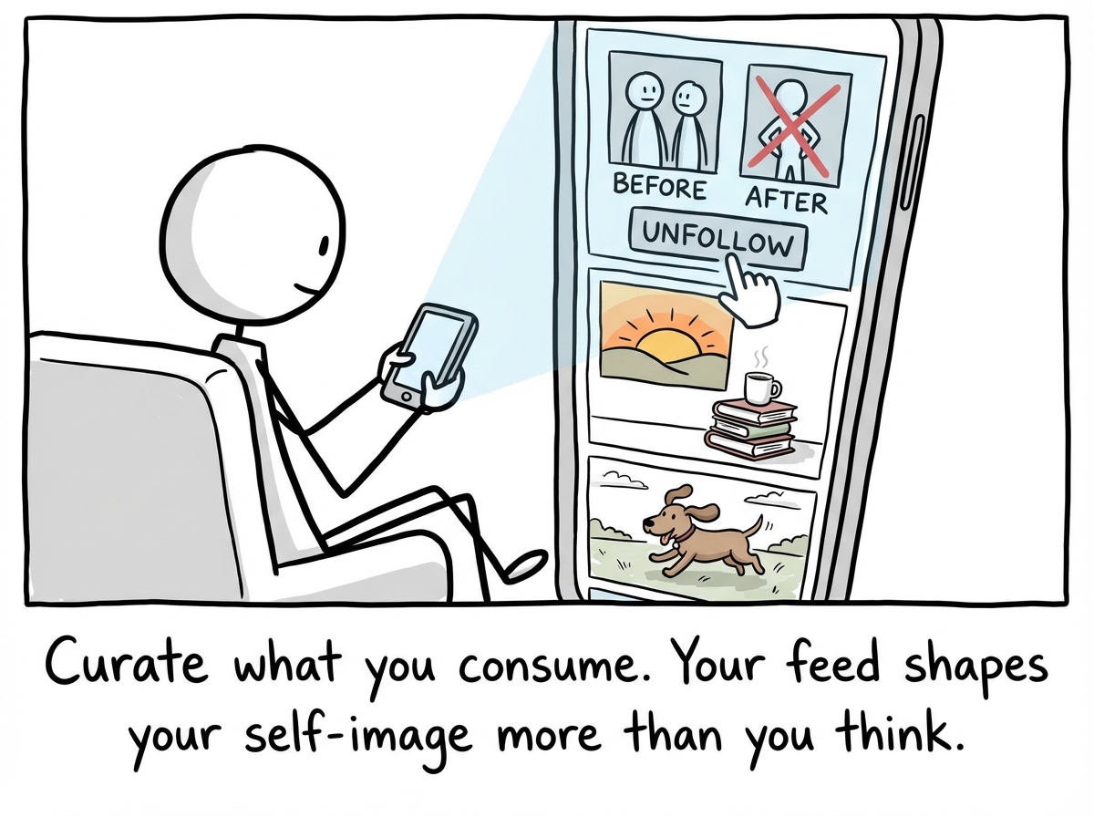 A stick figure unfollowing transformation accounts on their phone, the feed shifting from body comparisons to sunsets, books, and dogs