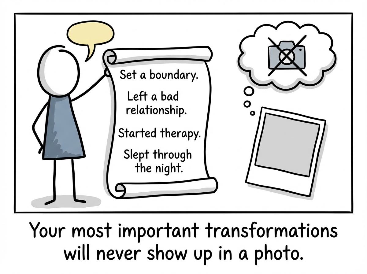 A stick figure listing invisible growth: 'Set a boundary. Left a bad relationship. Started therapy. Slept through the night.' None of it shows in a photo