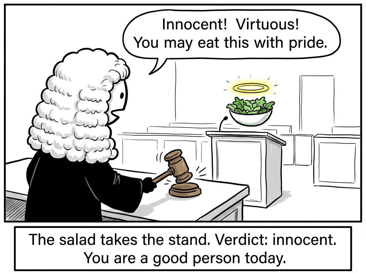 An internal courtroom. A stick figure sits as the judge in a powdered wig. In the witness stand, a salad glows with a halo. The judge bangs the gavel: 'Innocent! Virtuous! You may eat this with pride'