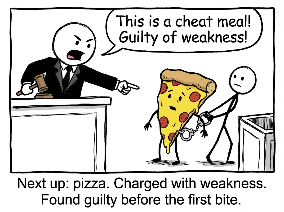 A slice of pizza is dragged to the stand in handcuffs. The prosecutor -- also the same stick figure -- points accusingly: 'This is a cheat meal! Guilty of weakness!' The pizza looks confused