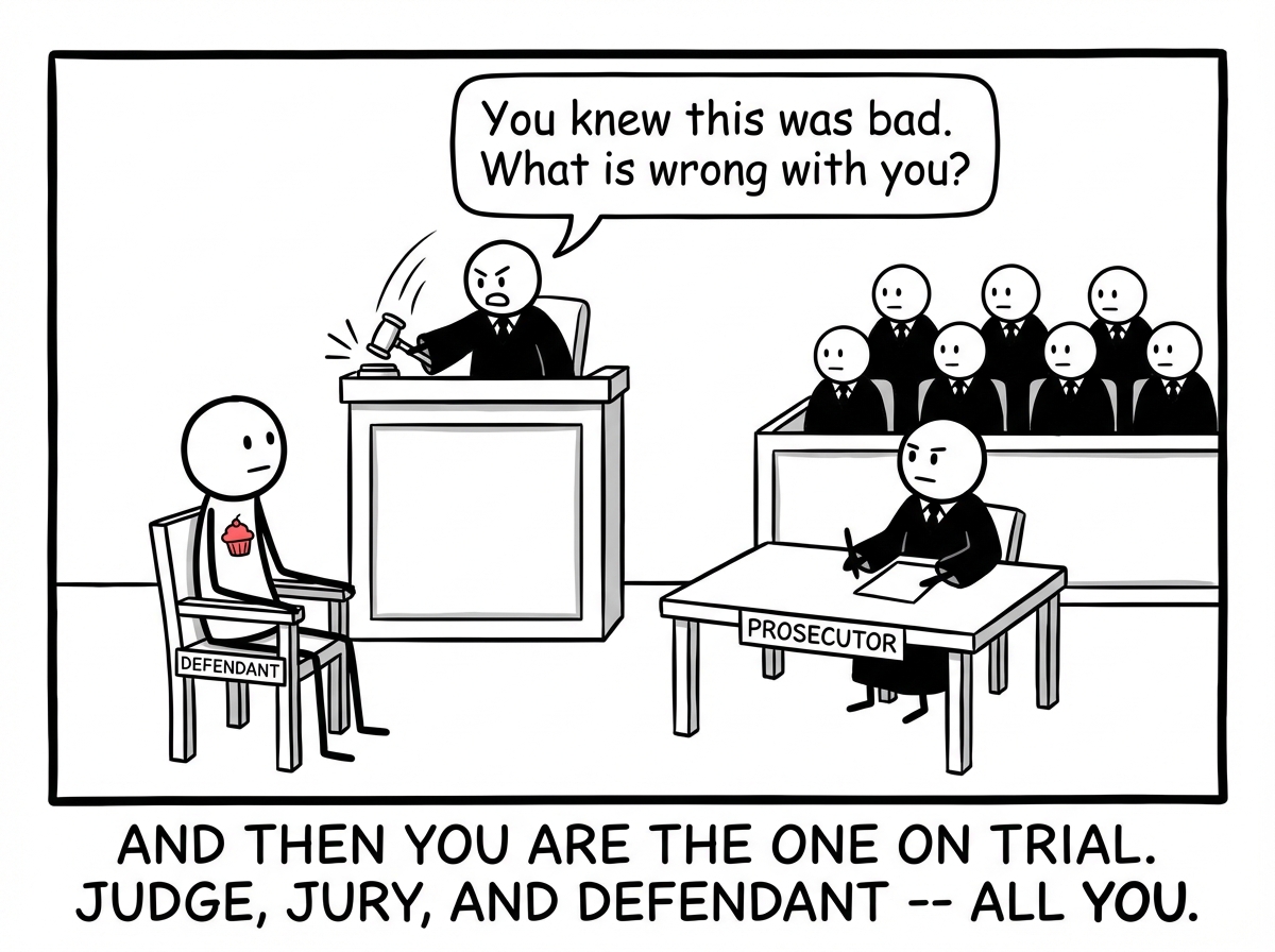 The stick figure is now in the defendant's chair, being judged for eating dessert. The judge, prosecutor, and jury are all the same person. A gavel slams: 'You knew this was bad. What is wrong with you?'