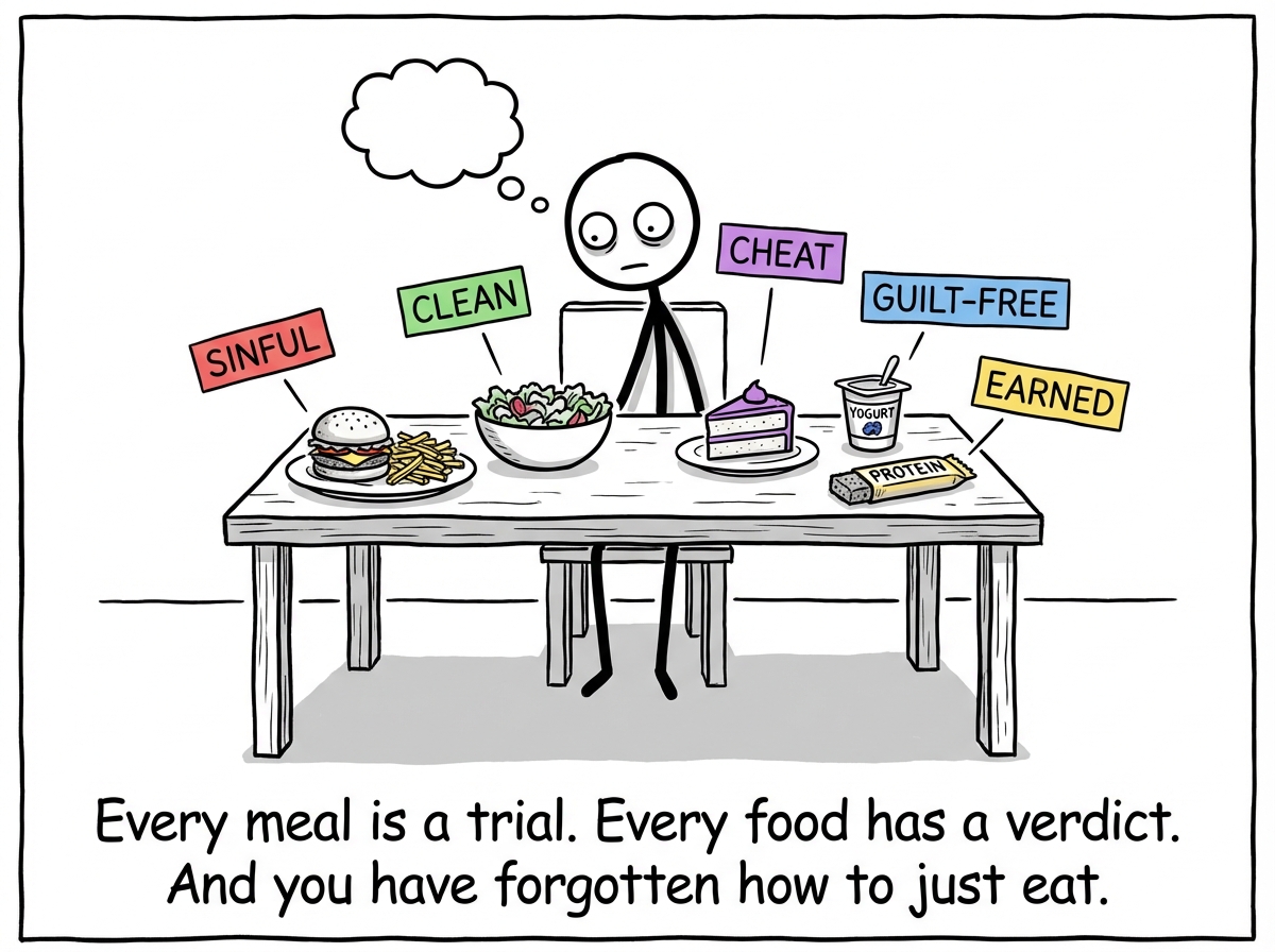 The stick figure sits at a dinner table surrounded by food, but every item has a moral label floating above it -- 'sinful,' 'clean,' 'cheat,' 'guilt-free,' 'earned.' The figure cannot eat. They just stare, paralyzed by the verdicts