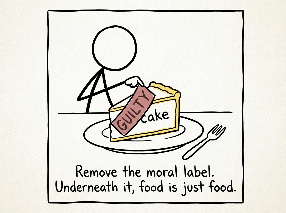 A stick figure peeling the 'GUILTY' label off a slice of cake. Underneath, it just says 'cake'