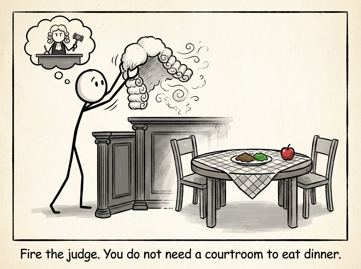 A stick figure dismissing the internal judge, removing the powdered wig. The courtroom dissolves into a kitchen table
