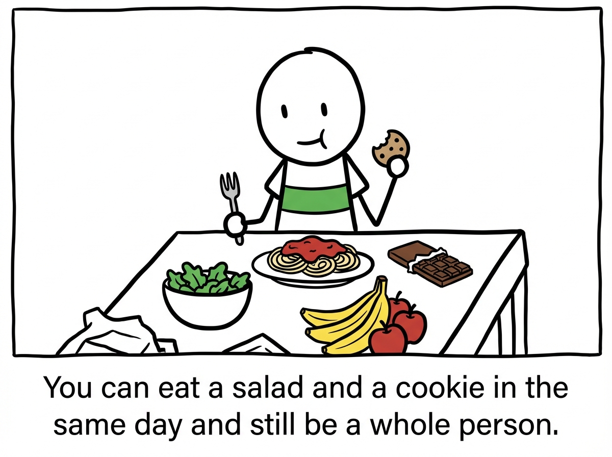 A stick figure eating a variety of foods -- salad, pasta, fruit, chocolate -- all at the same table. No labels. No halos. No handcuffs