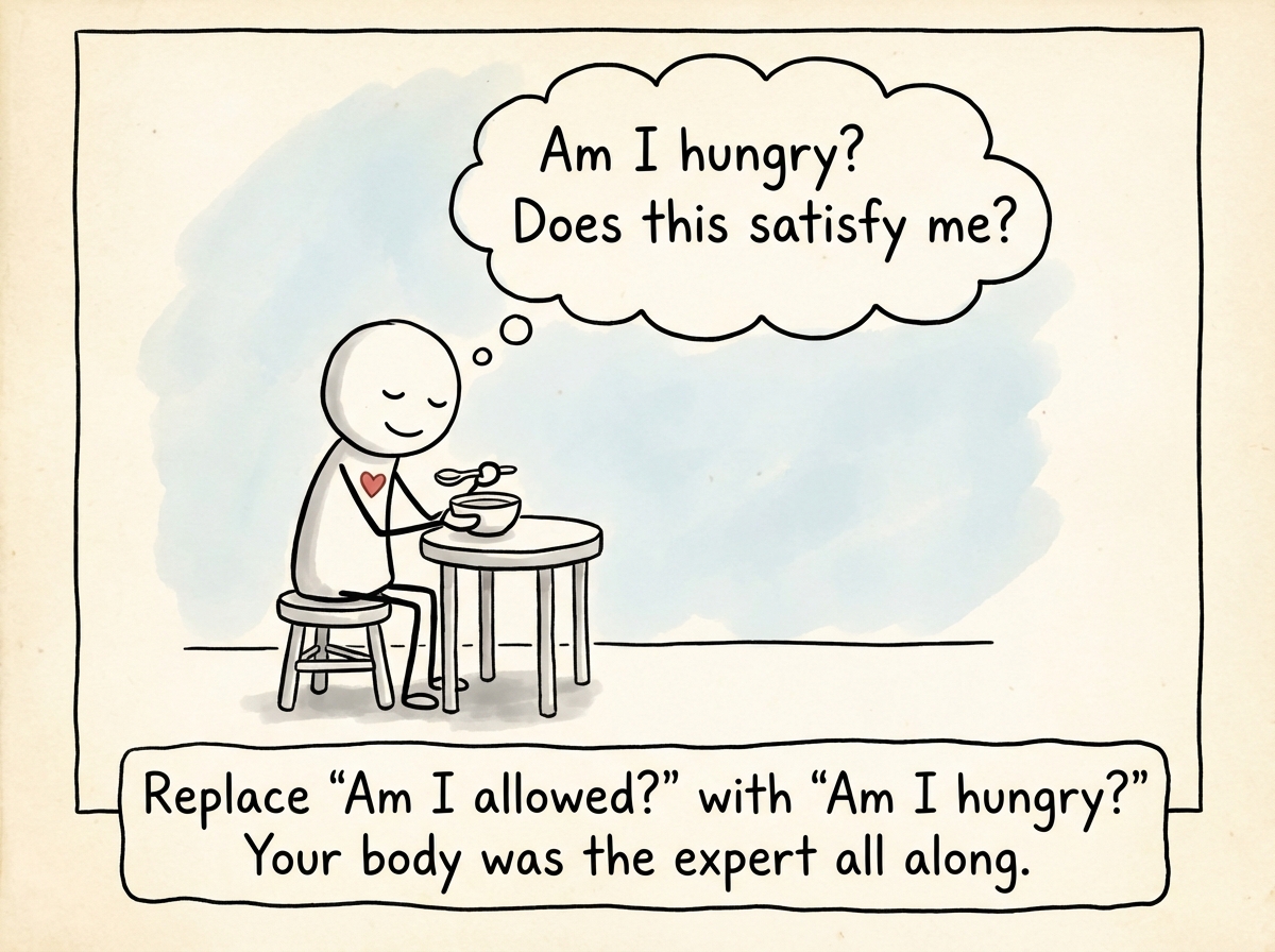 A stick figure eating calmly and listening to their body. A thought bubble reads 'Am I hungry? Does this satisfy me?' instead of 'Am I allowed to eat this?'