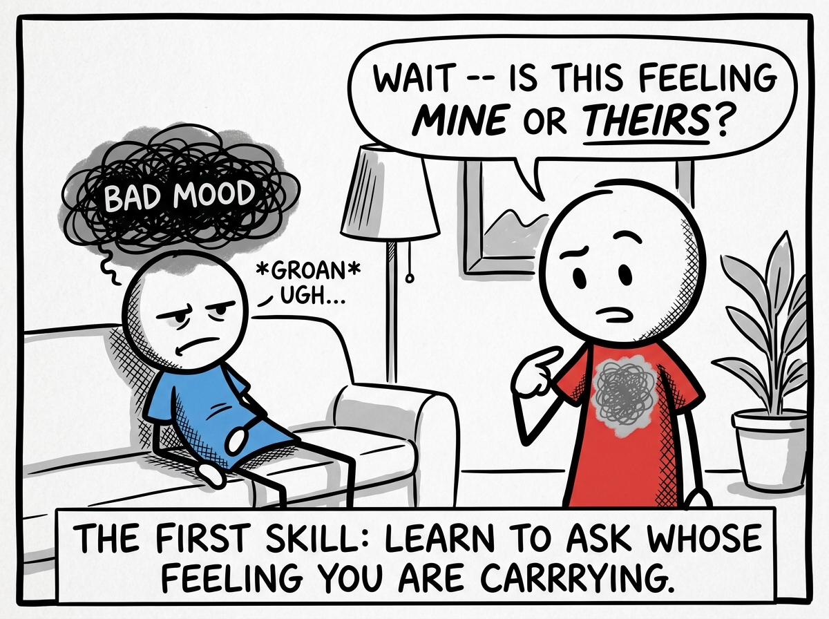 A stick figure noticing they have absorbed their partner's bad mood, pausing to ask 'Wait -- is this feeling mine or theirs?'