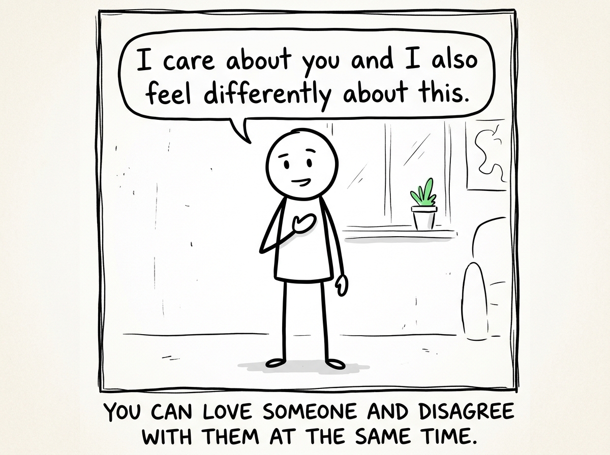 The stick figure placing a gentle hand on their own chest and saying 'I care about you and I also feel differently about this'