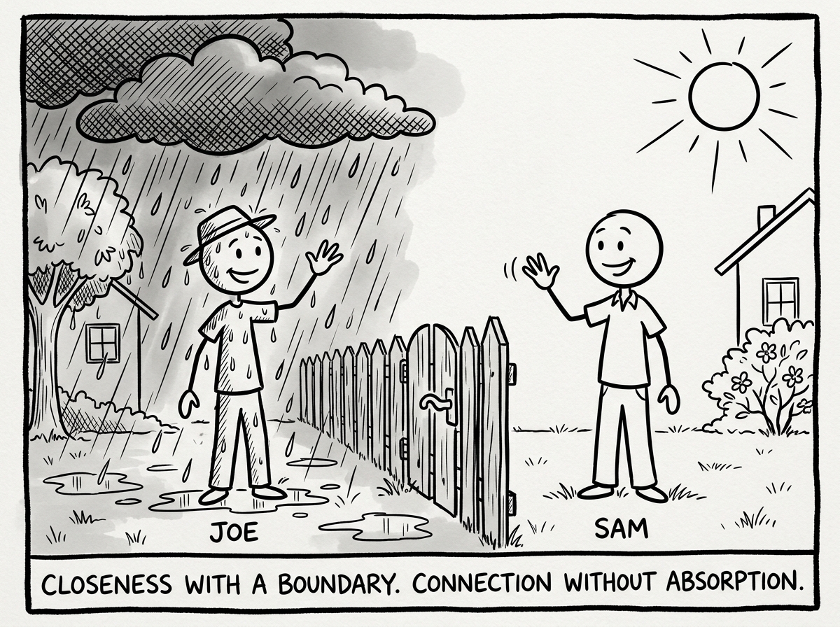 Two stick figures standing in their own yards with a friendly fence between them, one in rain and one in sun, waving to each other