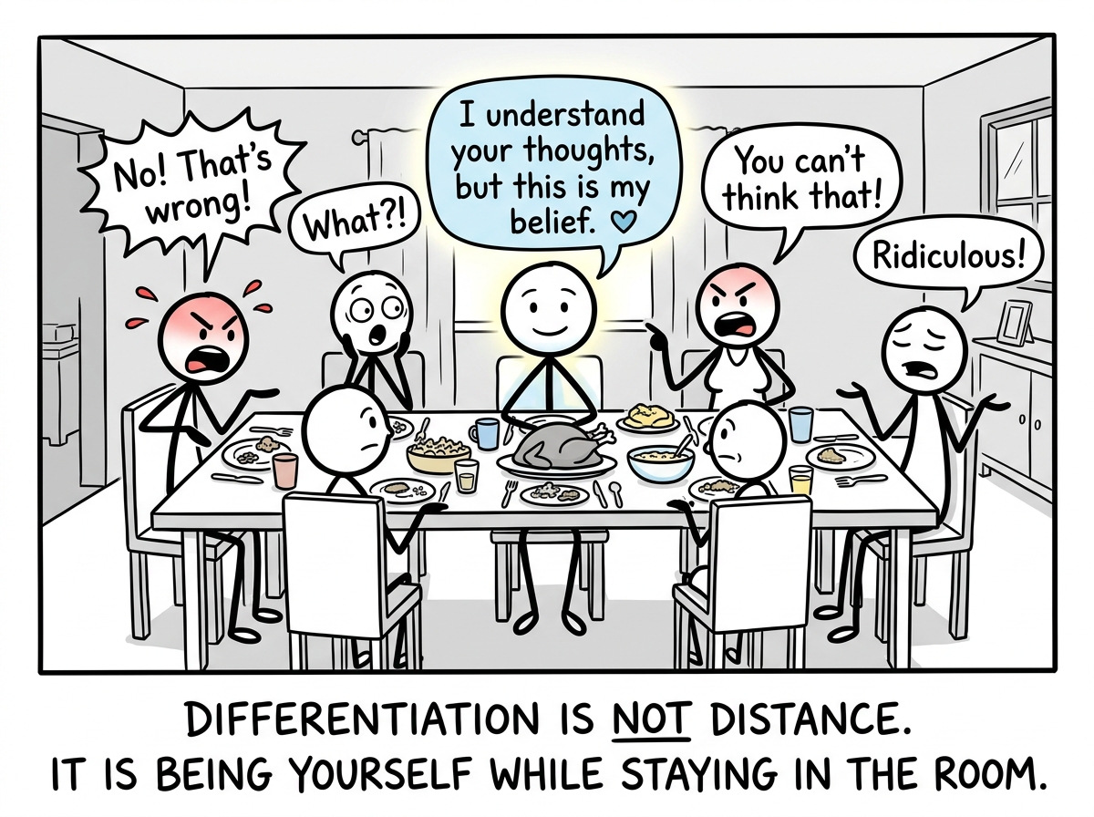The stick figure holding their own opinion calmly at a family dinner while others react, staying grounded and present