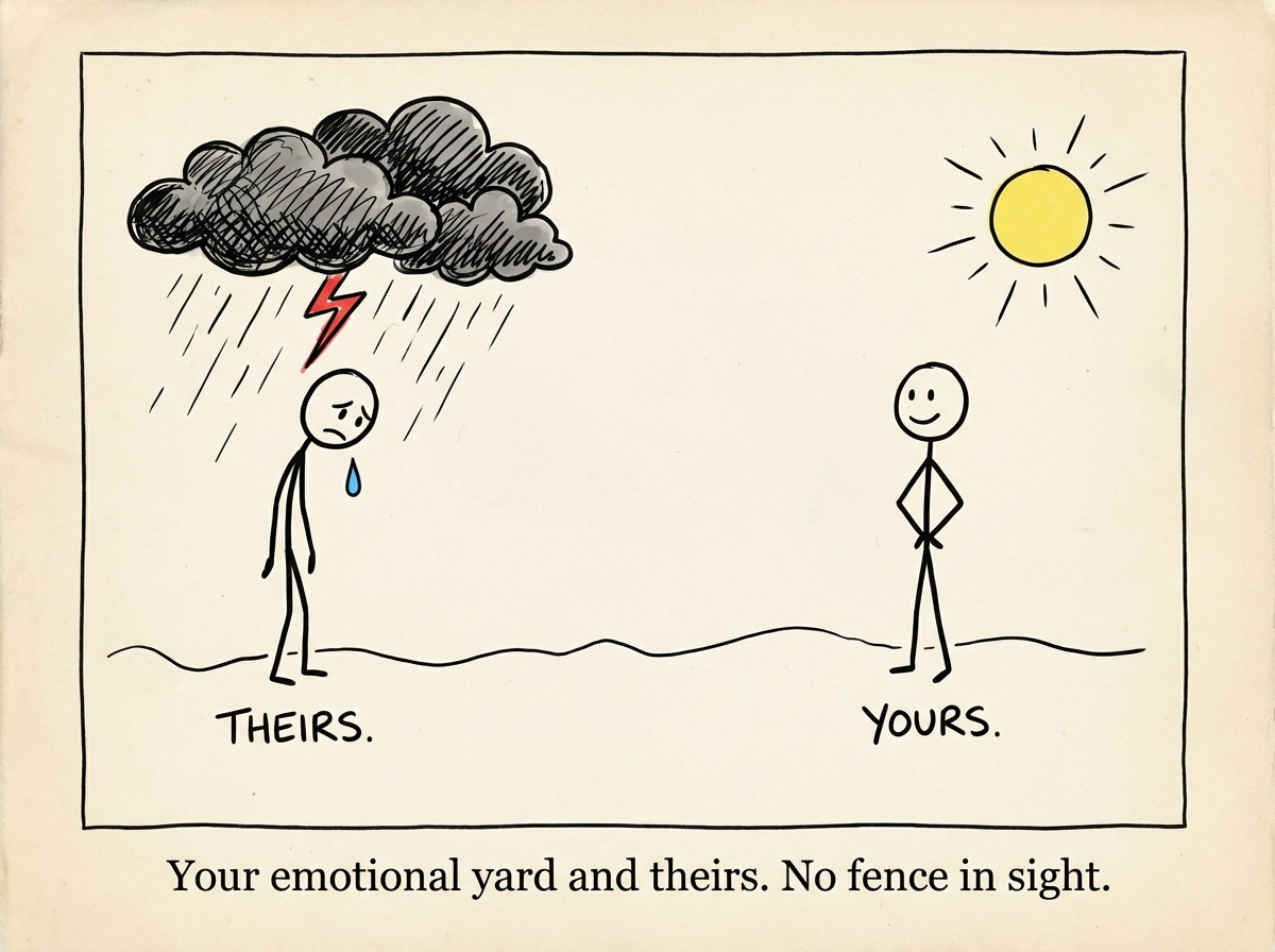 Two stick figures standing in adjacent yards -- one yard is filled with storm clouds and rain representing negative emotions, the other is sunny, but there is no fence or boundary between them