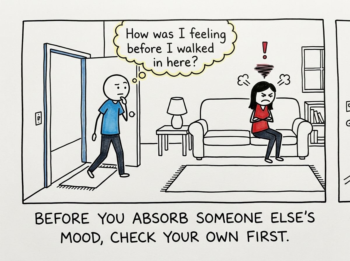 A stick figure walking into a room where their partner is upset, pausing to check in with themselves: 'How was I feeling before I walked in here?'
