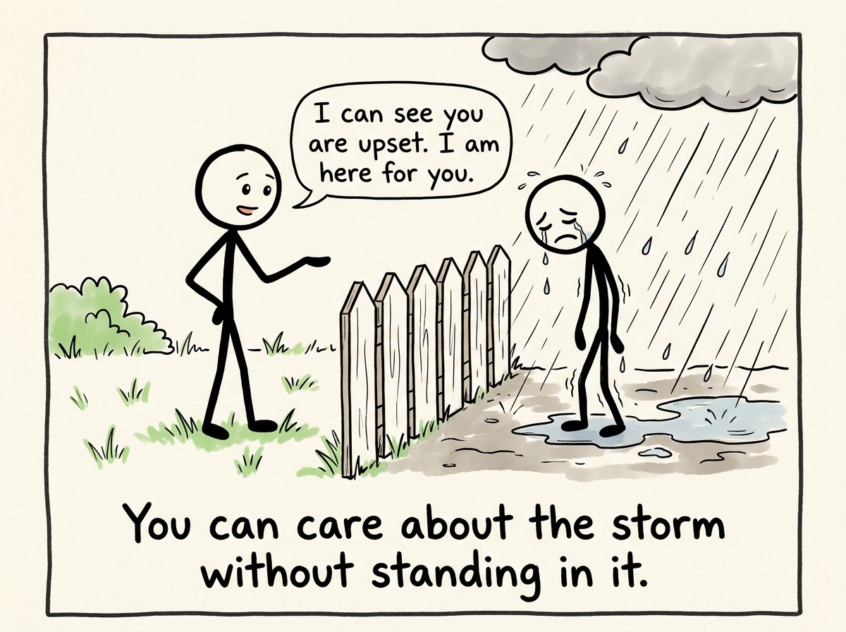 The stick figure saying 'I can see you are upset. I am here for you' while keeping their feet firmly on their own side of the fence