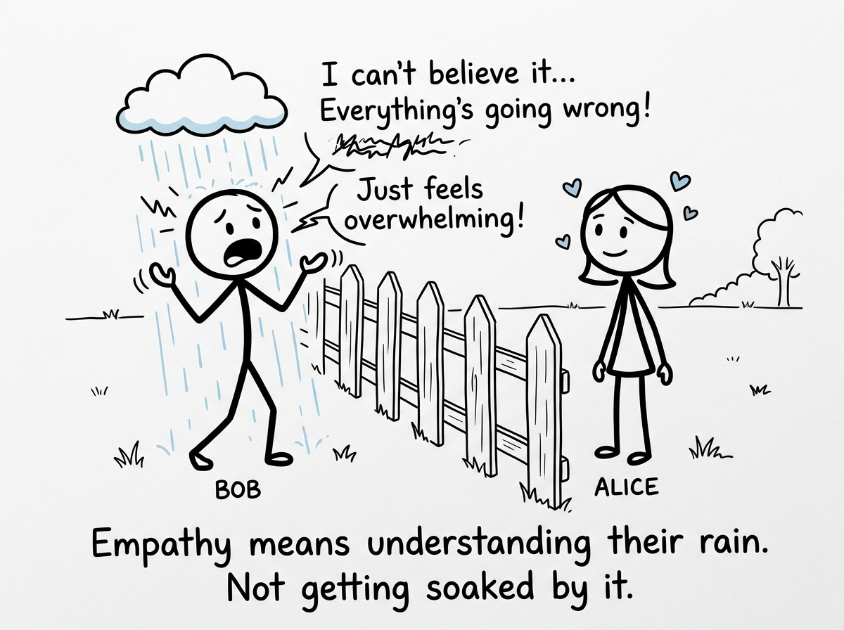 Both figures talking across the friendly fence, one venting while the other listens with compassion but without drowning
