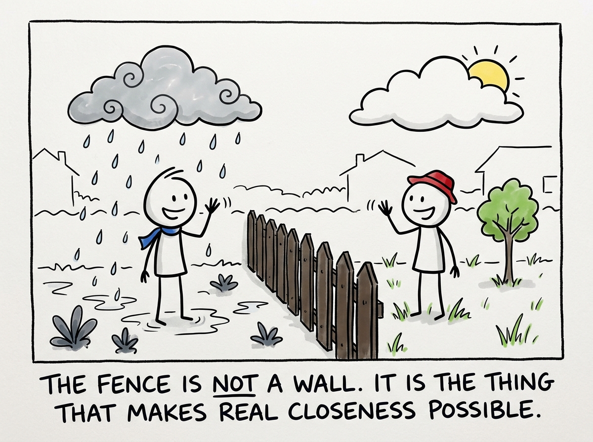 Both figures in their own yards, weather patterns separate but both waving over the fence, connected without fused