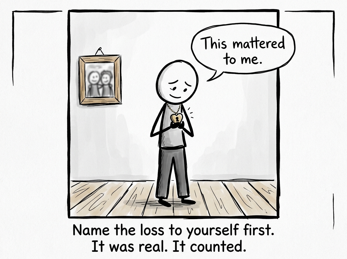 A stick figure holding a small object close to their heart -- a collar, a photo, a memory -- and saying to themselves 'This mattered to me.'