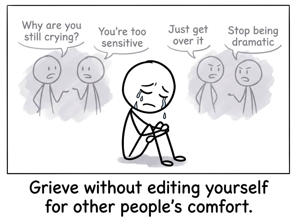 A stick figure letting themselves cry without apologizing, the dismissive voices from before shown faded and muted in the background.