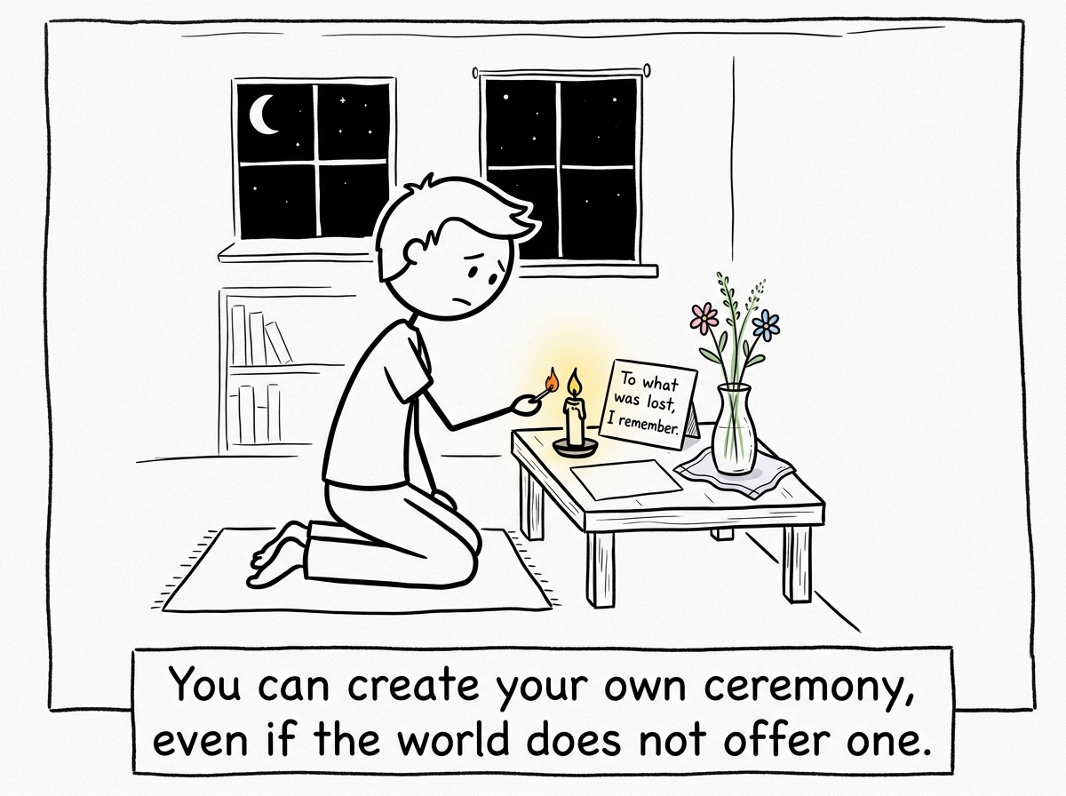 A stick figure creating a small private ritual -- lighting a candle, placing flowers, writing a letter -- honoring what was lost.