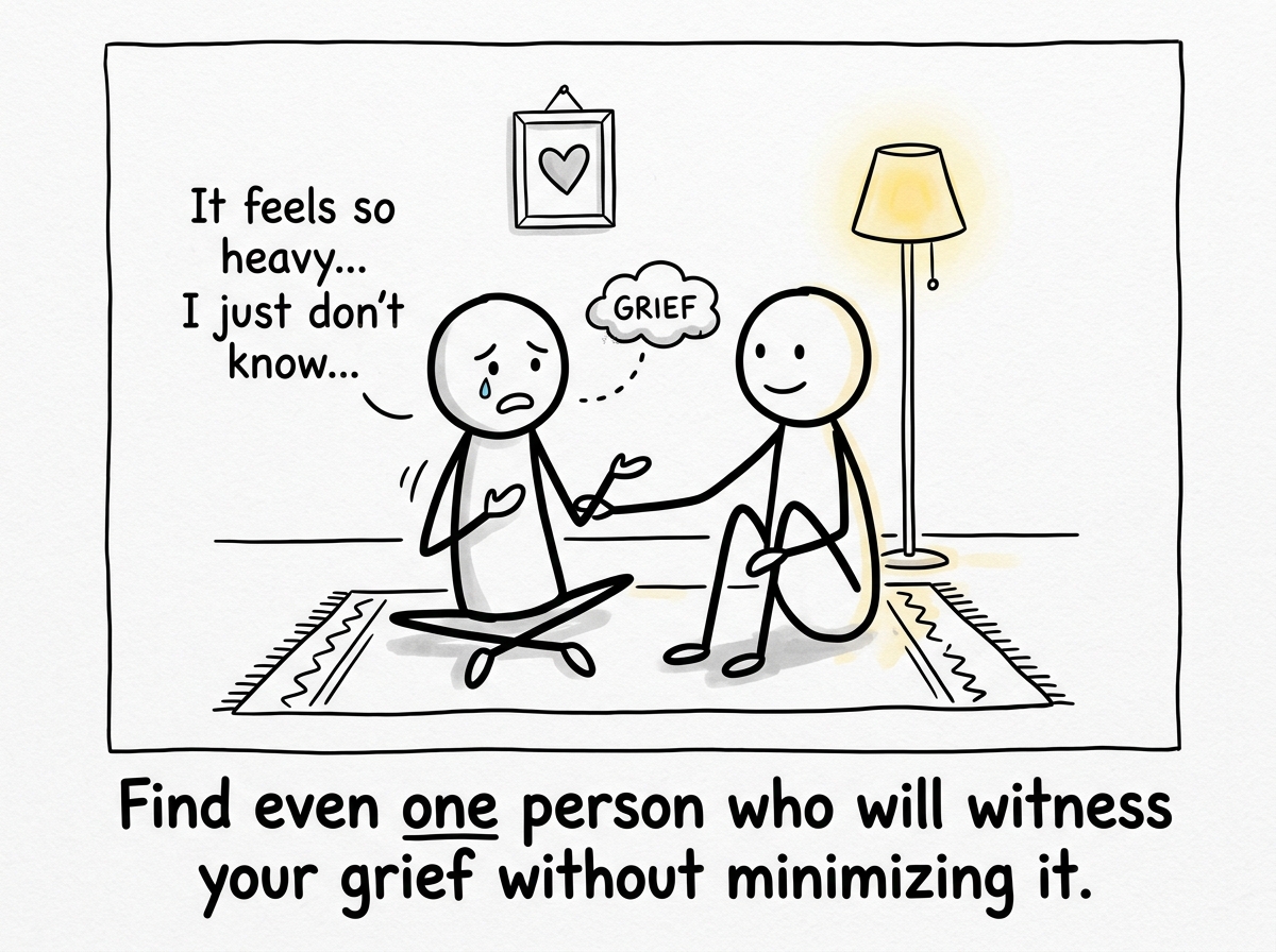 A stick figure sharing their grief with one trusted person who listens quietly, no judgment, just presence.