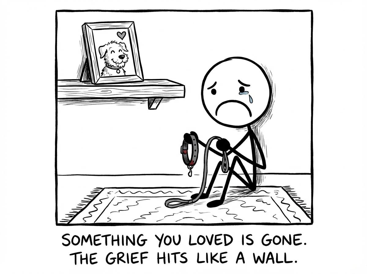 A stick figure sitting on the floor, holding a small collar or leash, clearly devastated. Tears are streaming down their face. A photo of a dog sits on a shelf nearby.