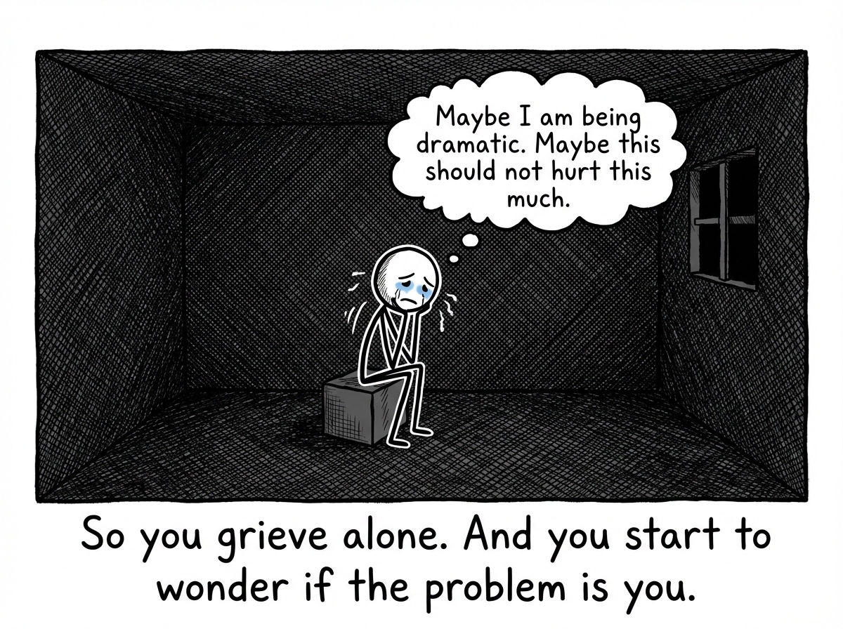 The grieving figure now alone in a dark room, crying silently, with a thought bubble reading: 'Maybe I am being dramatic. Maybe this should not hurt this much.' The grief has turned inward, mixing with shame.