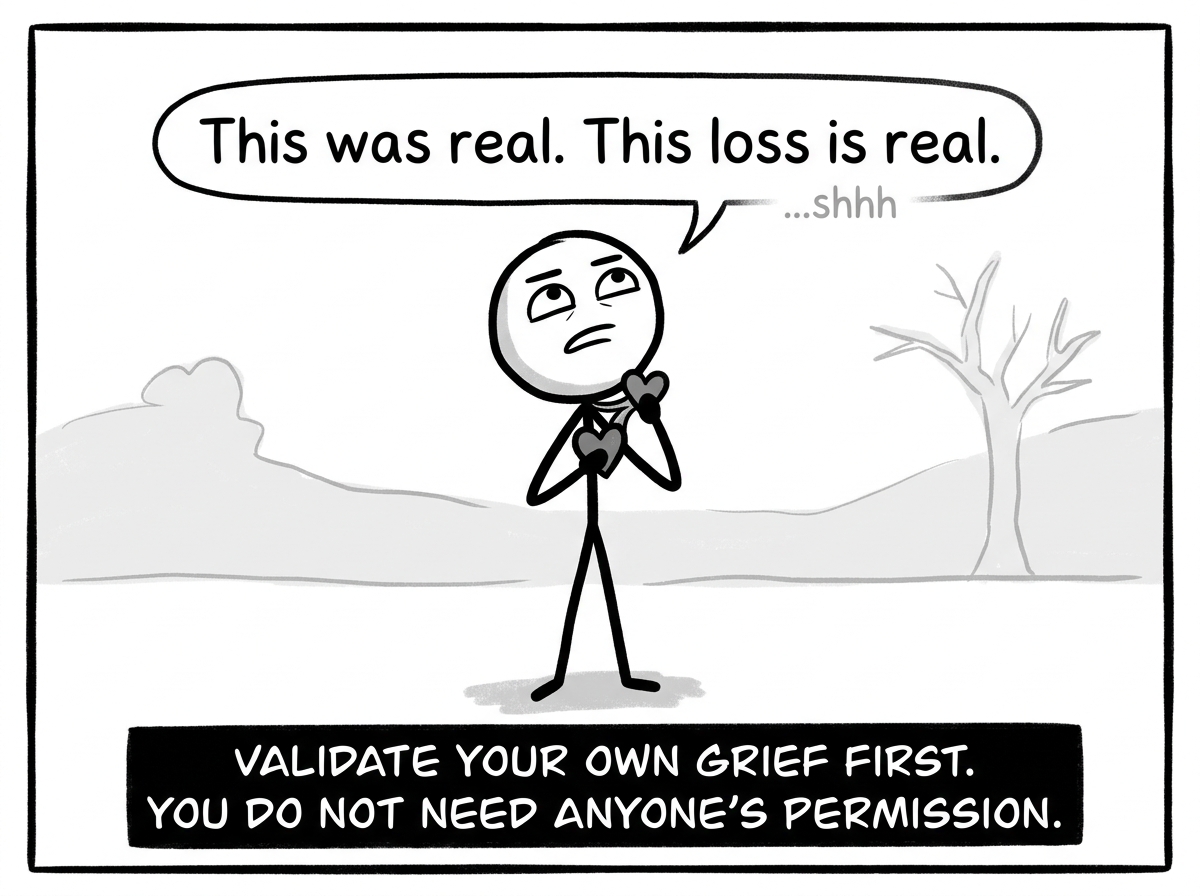 A stick figure holding the collar to their heart, standing taller, saying quietly 'This was real. This loss is real.'