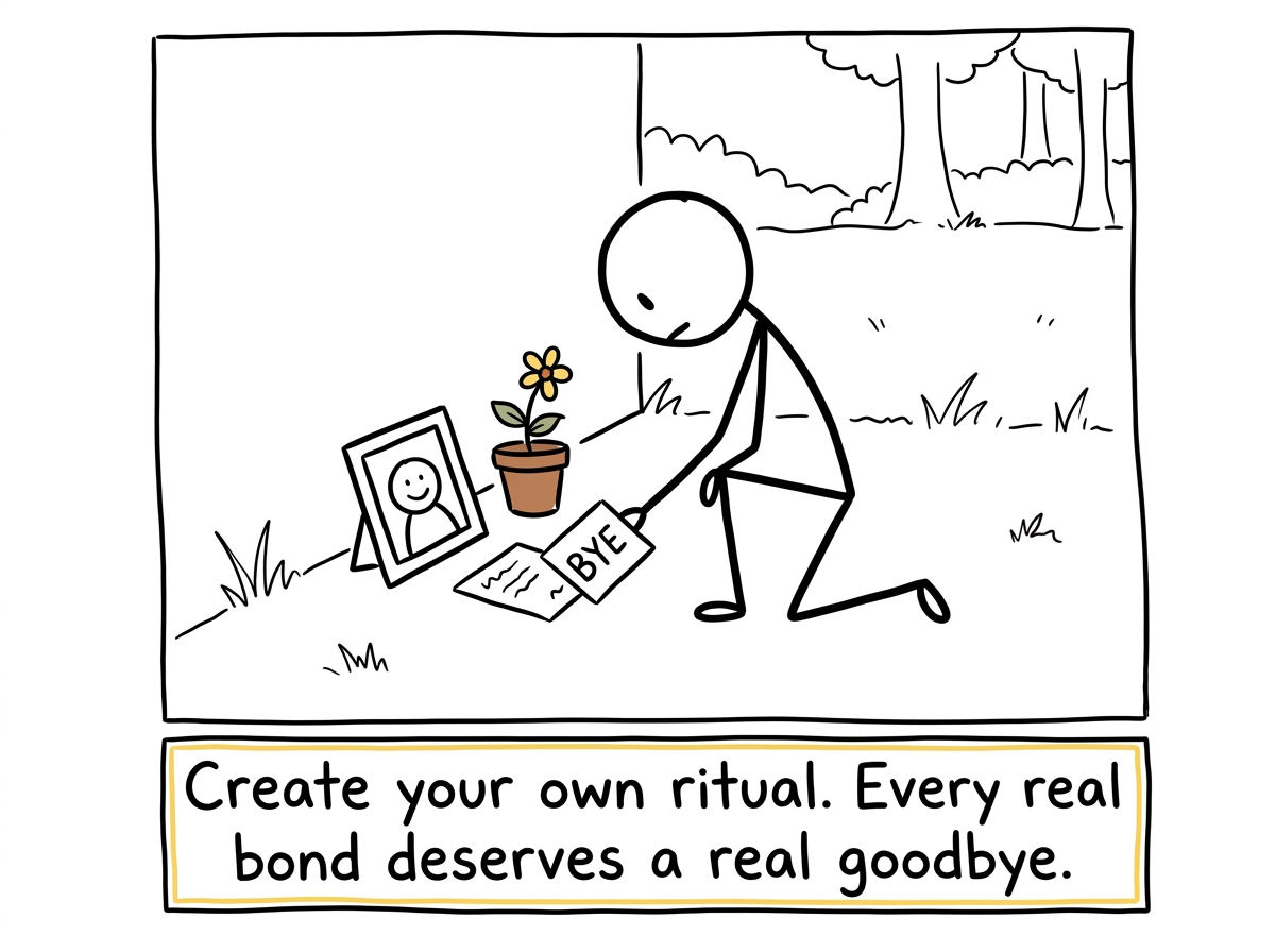 A stick figure creating a small memorial -- a framed photo, a written letter, a planted flower -- honoring the loss in private.