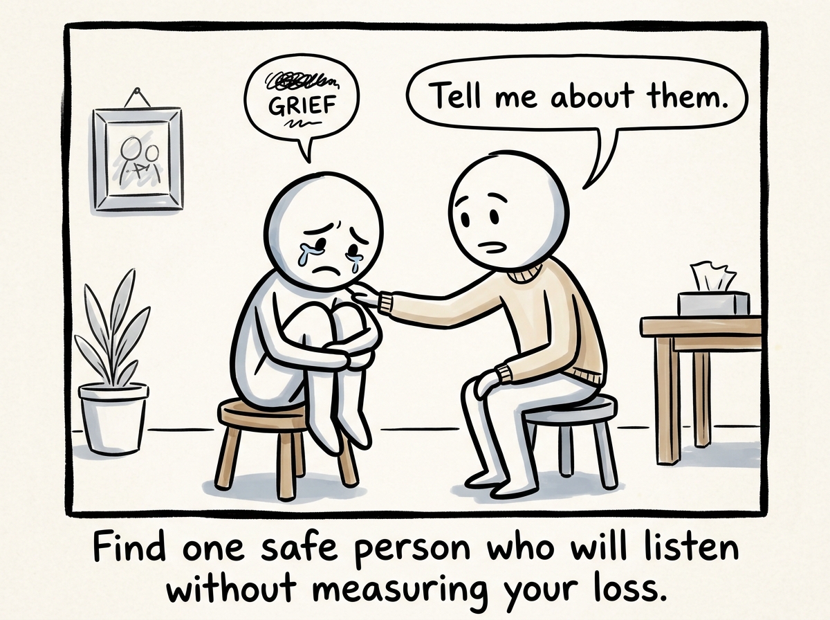 A stick figure sharing their grief with one compassionate friend who simply says 'Tell me about them.'