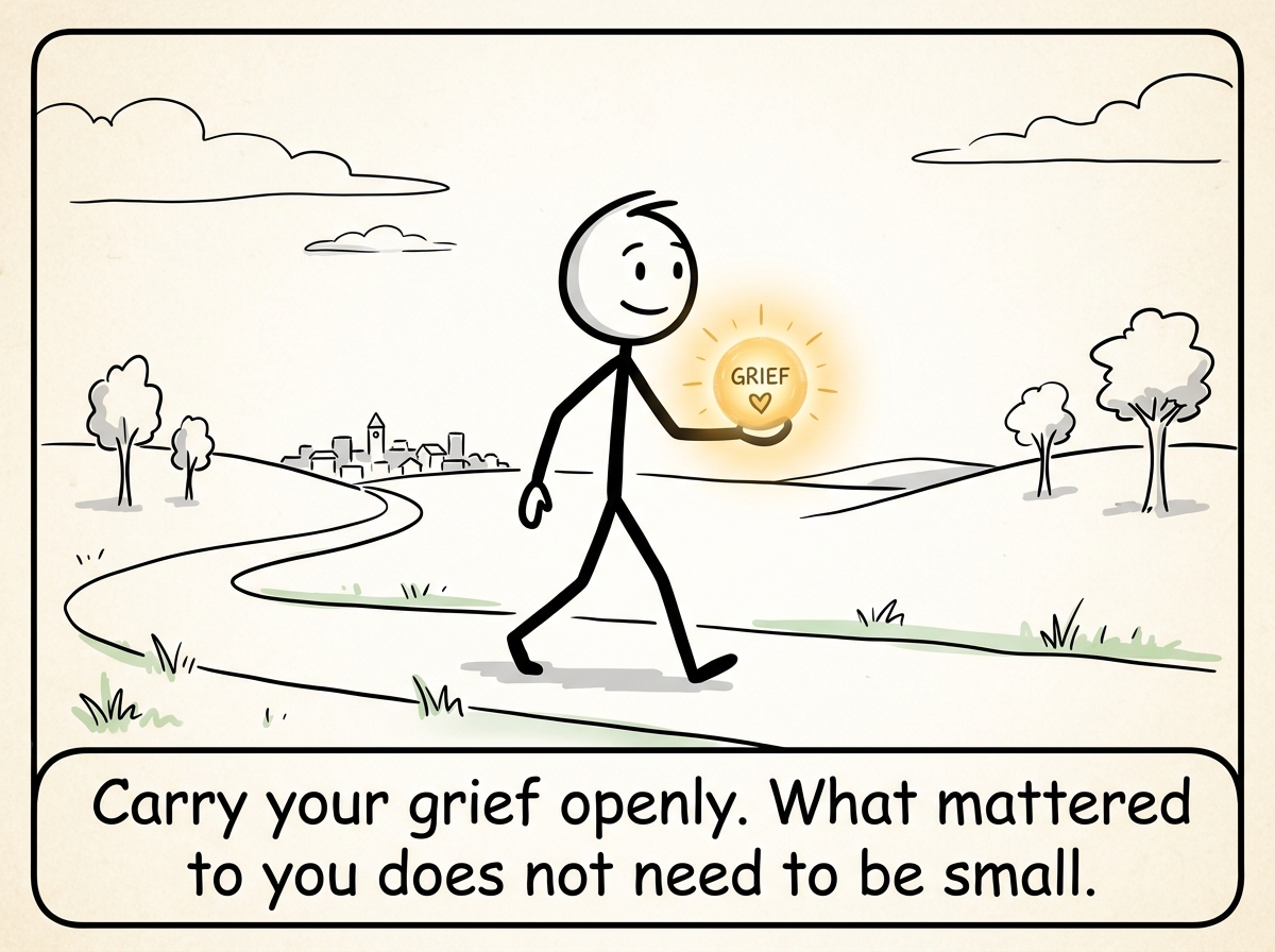 A stick figure walking forward carrying a small glowing light where the grief lives, no longer hiding it, no longer ashamed.