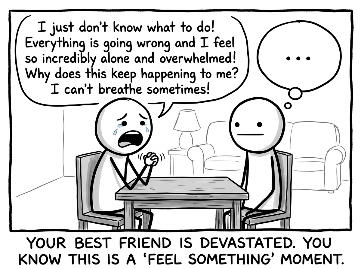 A stick figure's friend crying and pouring their heart out, the stick figure sitting across from them with a completely flat expression and a thought bubble that just says '...'