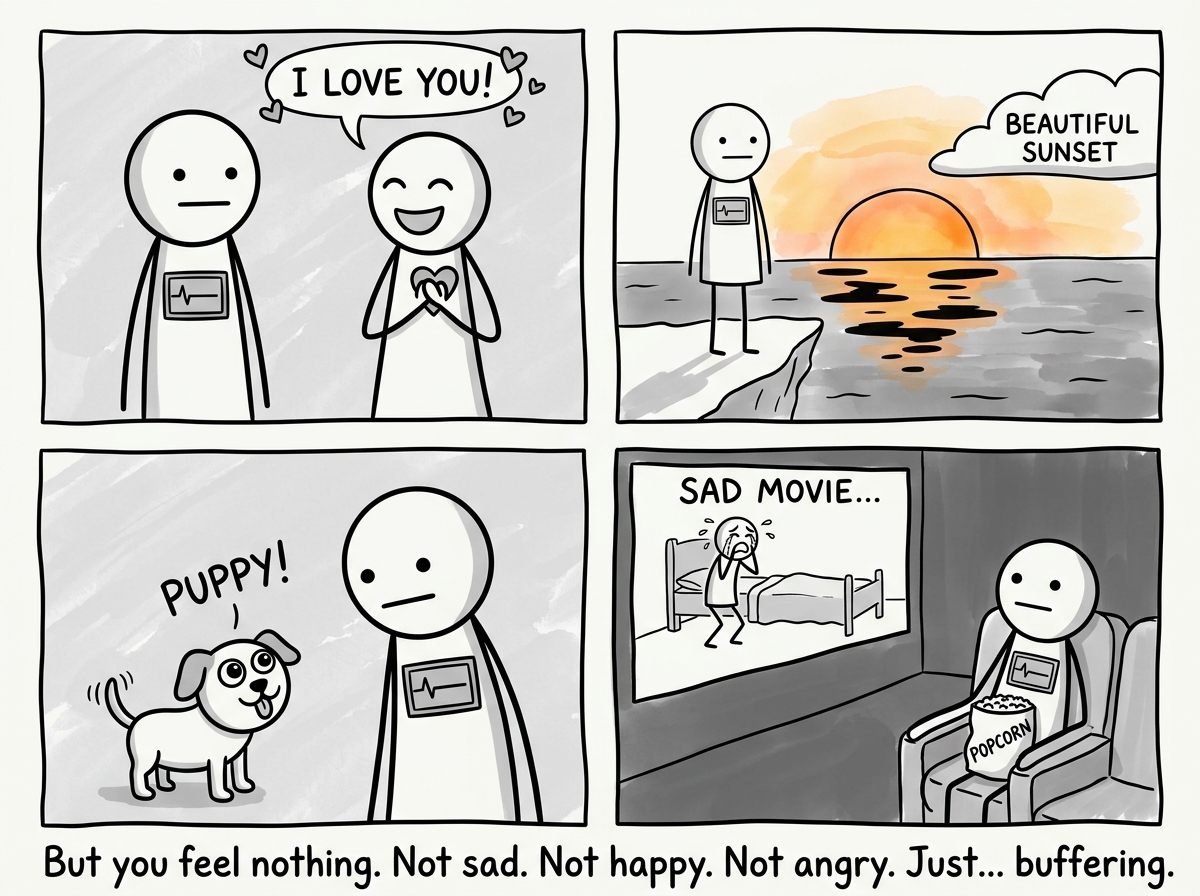 The stick figure in various emotional situations -- a partner saying I love you, a sunset, a puppy, a sad movie -- with the exact same blank expression in every scene, a flatline monitor in their chest
