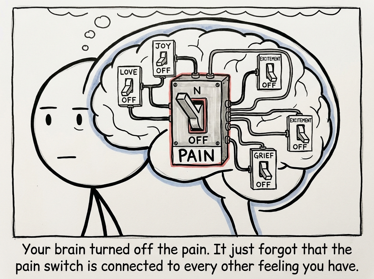 A cross-section of the stick figure's brain showing a large switch labeled 'PAIN' in the OFF position, but the switch is connected to every other emotion -- joy, love, excitement, grief -- and they are all off too