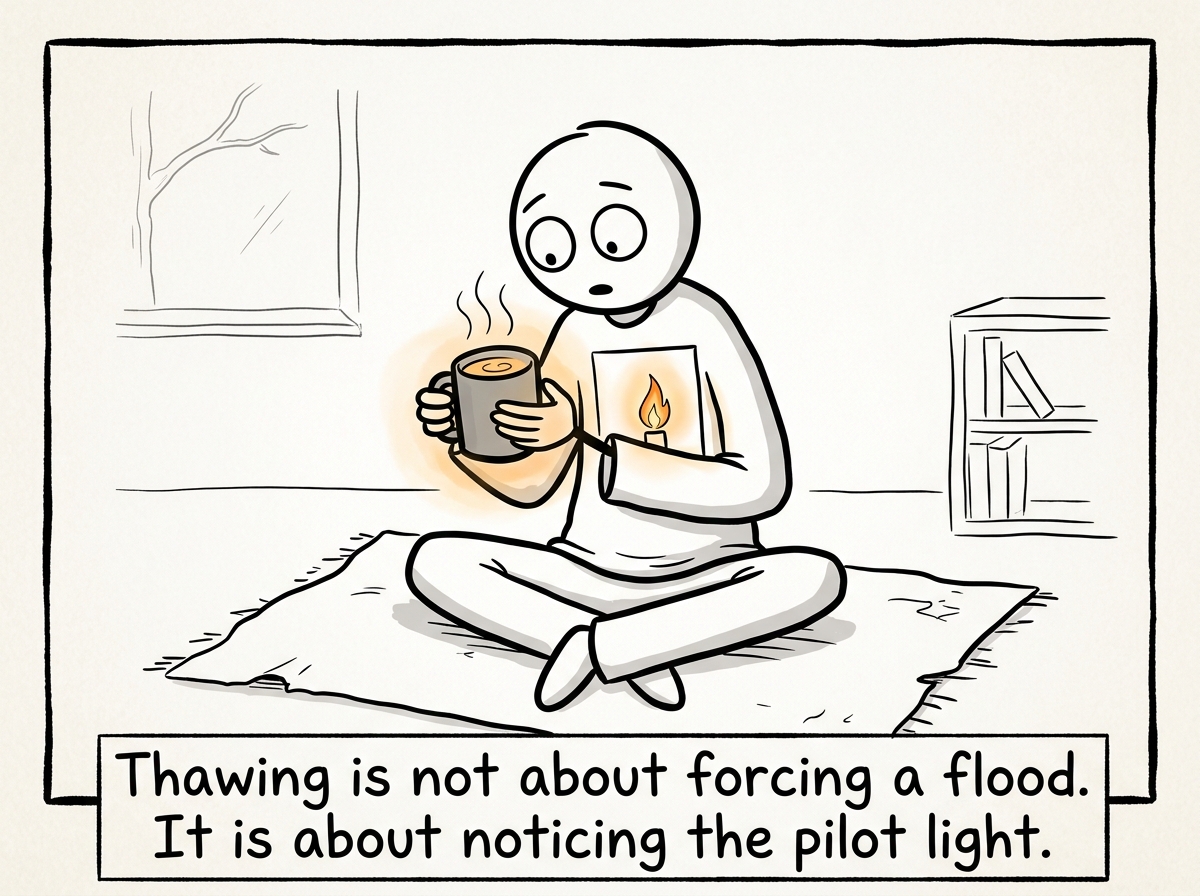 The stick figure holding a warm cup of tea, with the tiniest flicker of a feeling shown as a small flame in their chest, looking down at it with surprised, cautious hope