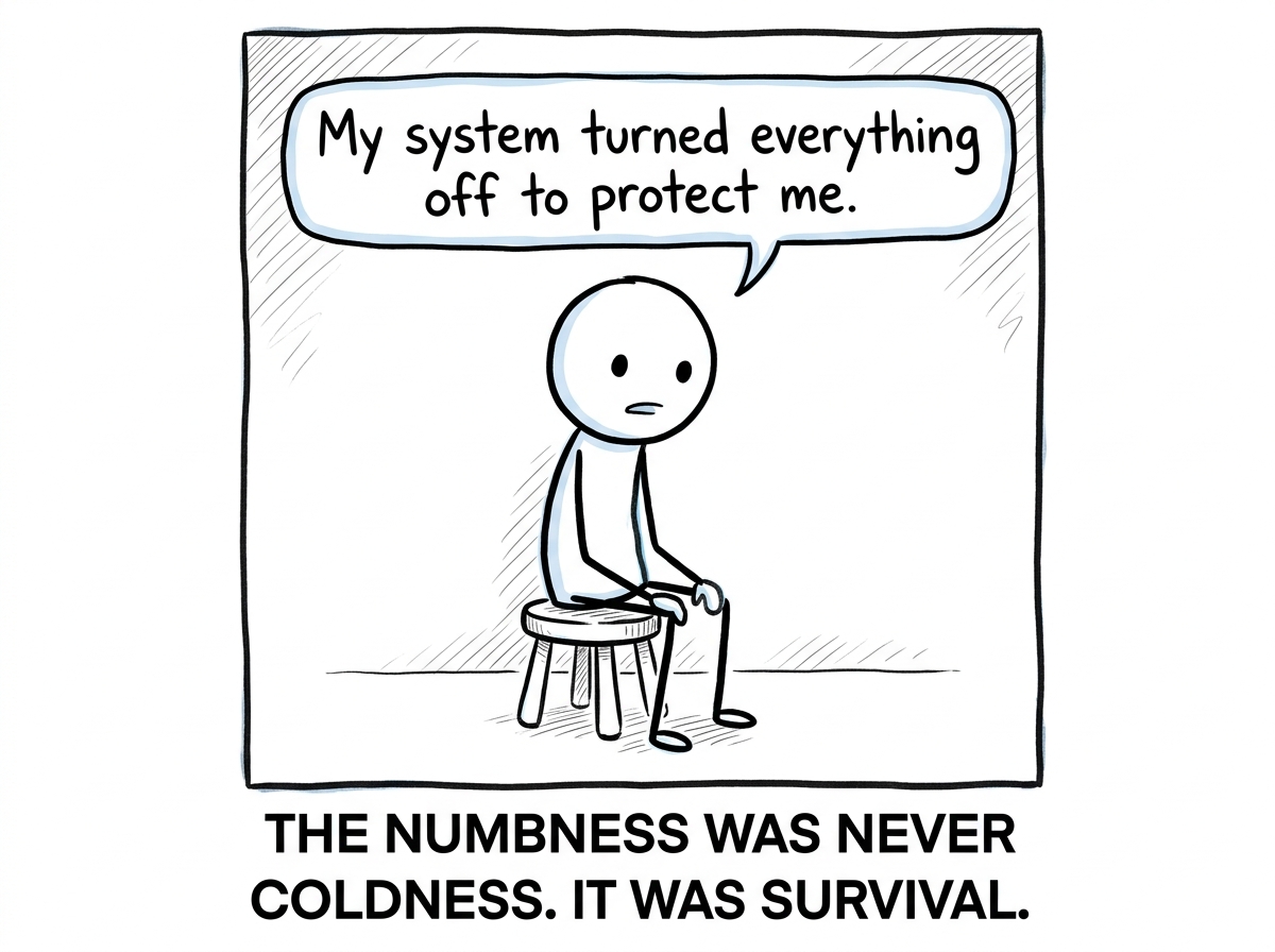 A stick figure notices they feel nothing and gently acknowledges it: 'My system turned everything off to protect me'