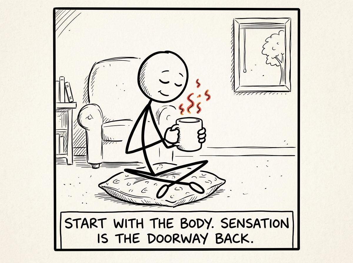 The stick figure holding a warm mug and focusing on the heat in their hands, allowing one small physical sensation in