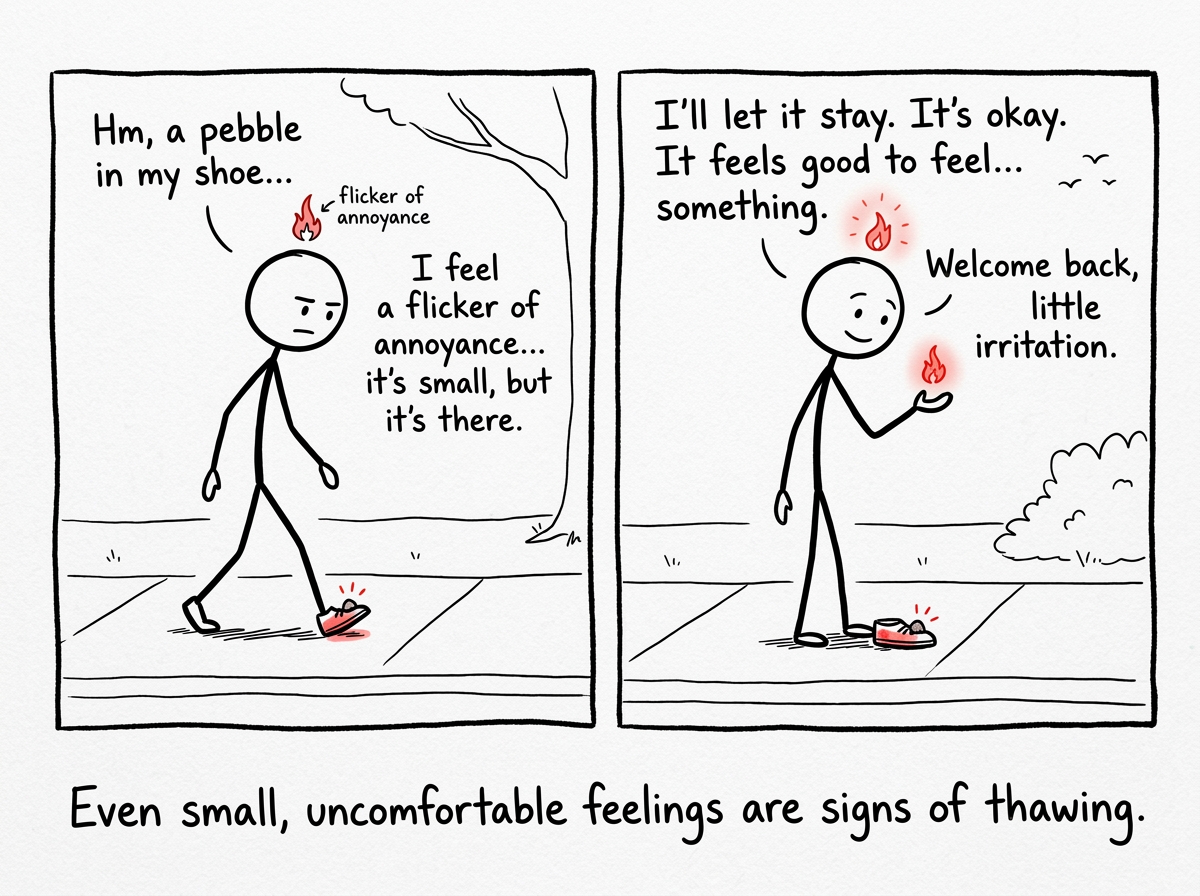 The stick figure noticing a tiny flicker of annoyance at a minor inconvenience and welcoming it instead of shutting it down