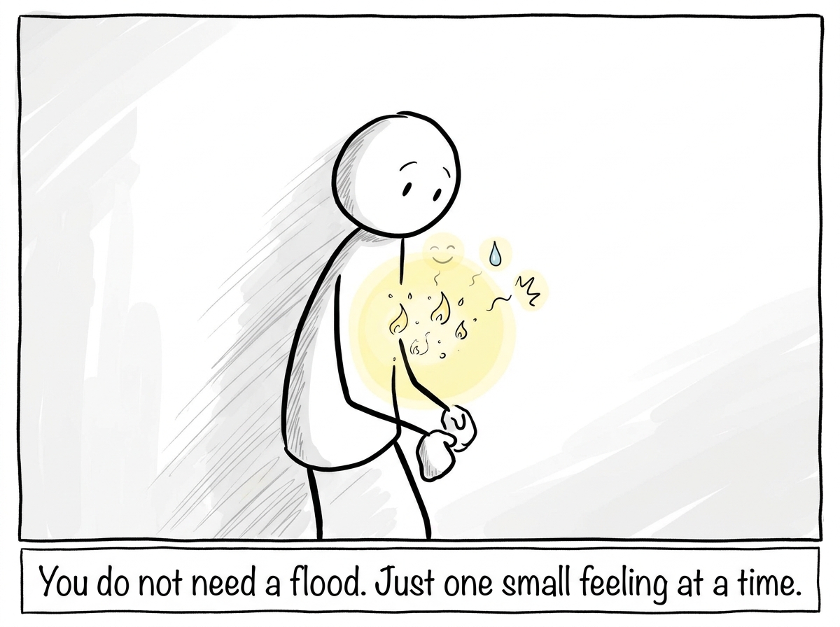 The stick figure with a slightly brighter chest, small emotions returning like pilot lights flickering on one by one