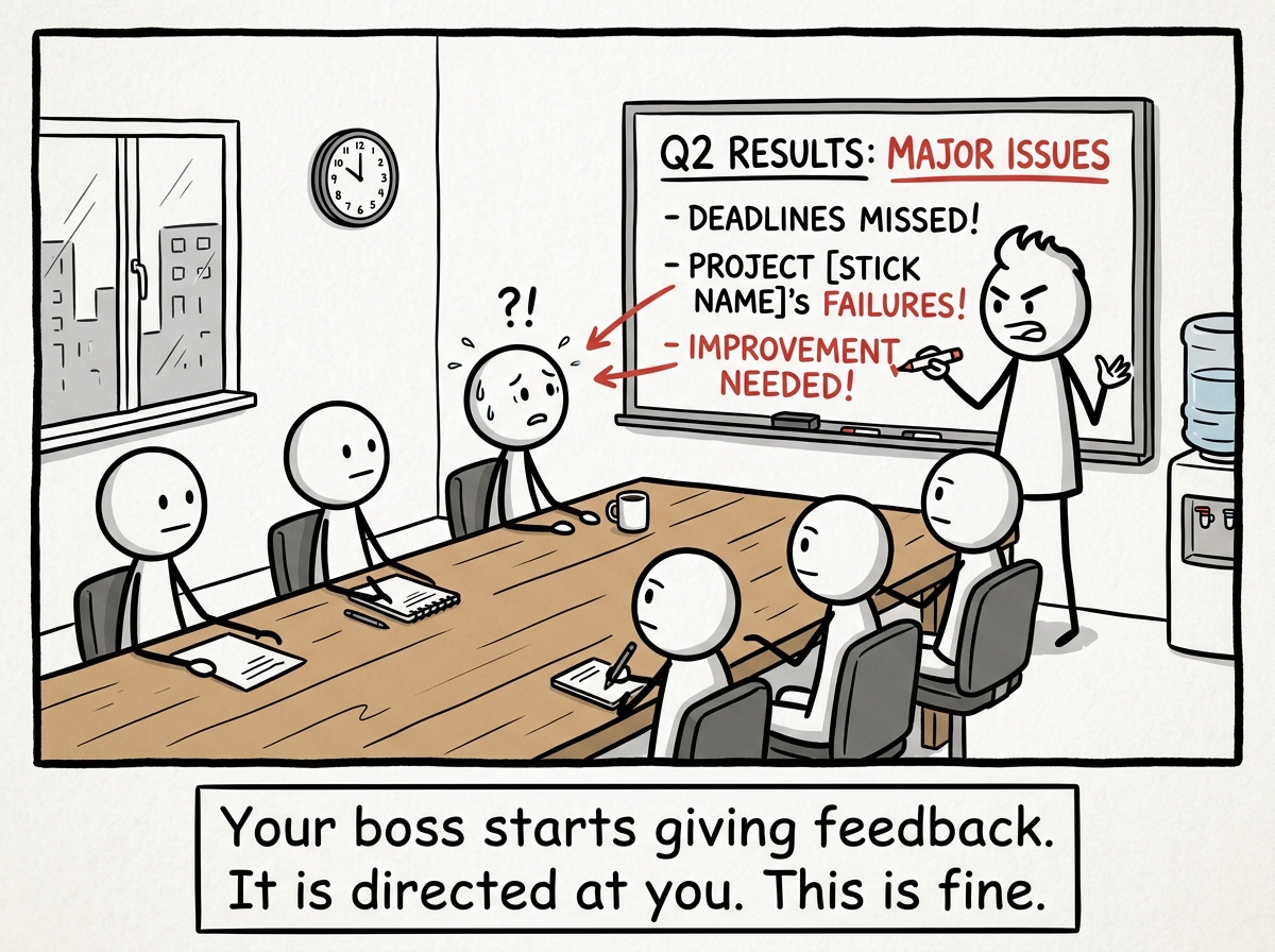 A stick figure sitting at a conference table with colleagues, their boss standing at a whiteboard, beginning to deliver critical feedback directed at them