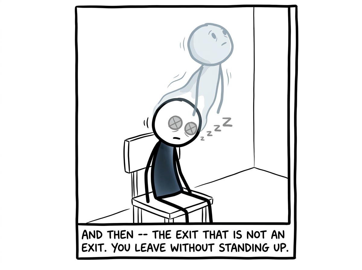 The stick figure's eyes glazing over, a transparent ghost version beginning to separate from their body and float upward, while the physical body remains seated and nodding