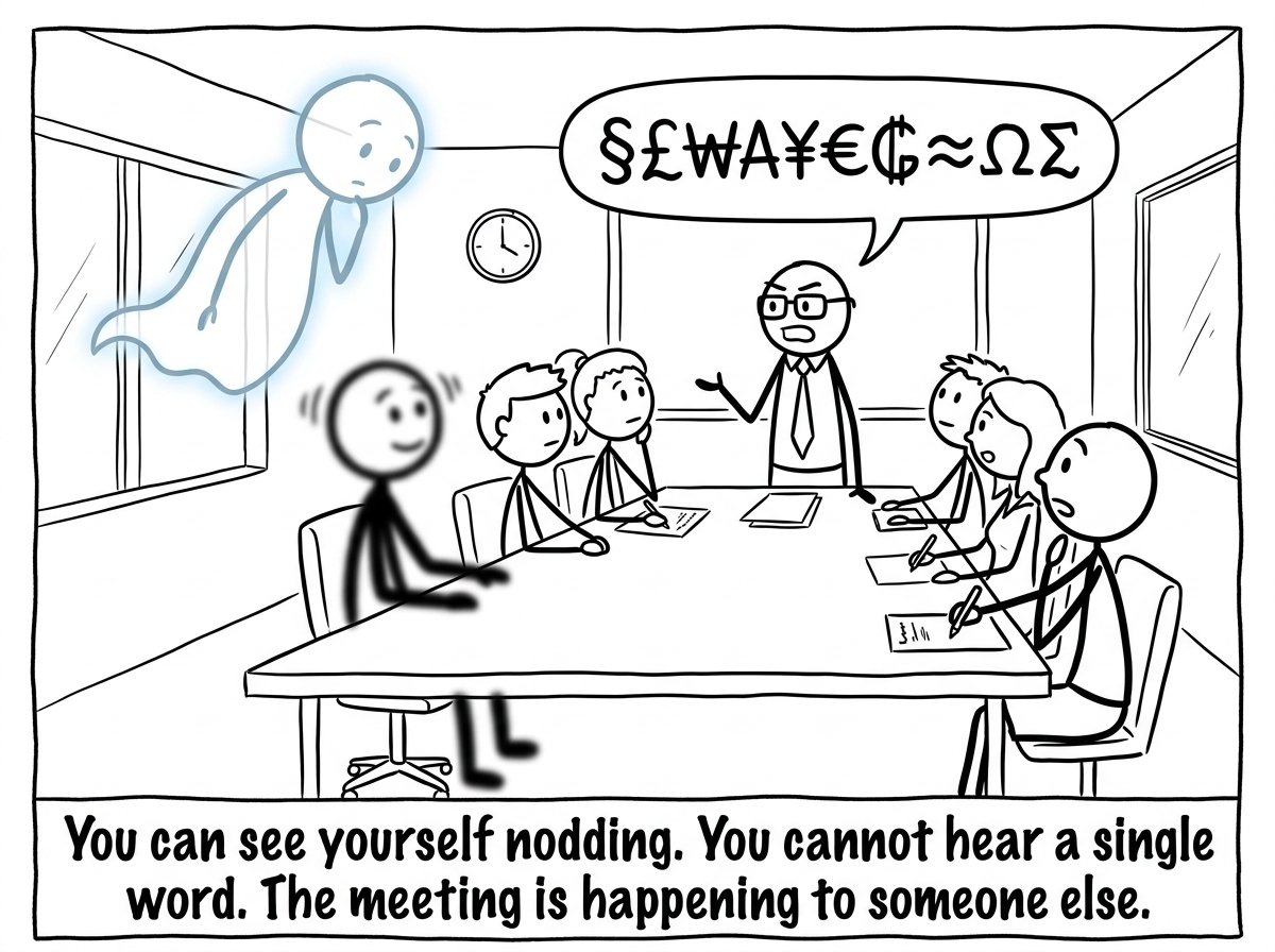 The ghost version of the stick figure floating near the ceiling looking down at their own body still nodding along, the boss's words shown as garbled underwater text, coworkers shown in sharp focus while the stick figure's body is shown in soft blur