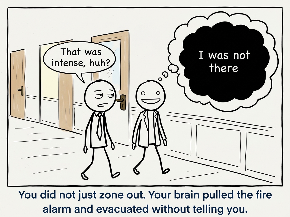 The stick figure walking out of the meeting room with a coworker who says 'That was intense, huh?' while the stick figure smiles blankly, a thought bubble showing a complete void with the text 'I was not there'