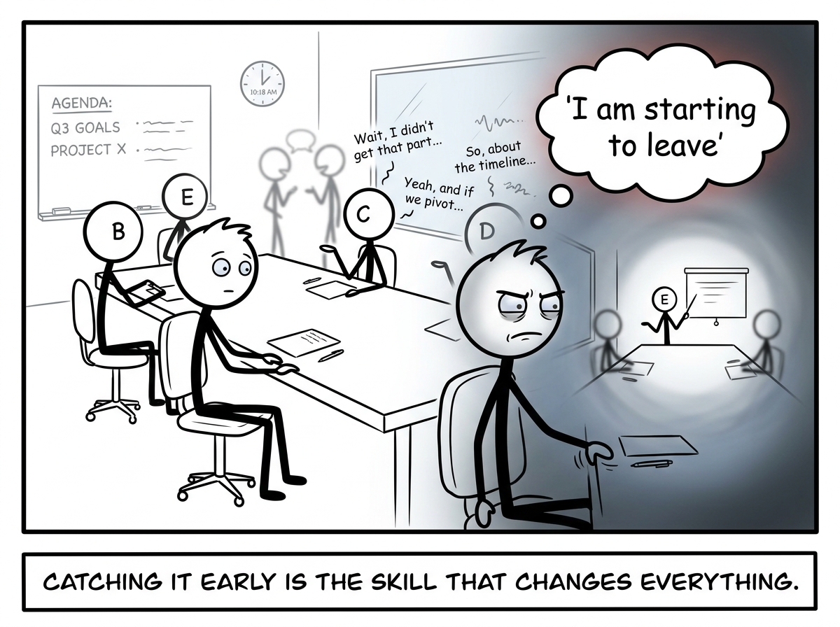 A stick figure in a meeting notices the early signs of dissociation -- sounds going distant, vision narrowing -- and thinks 'I am starting to leave'