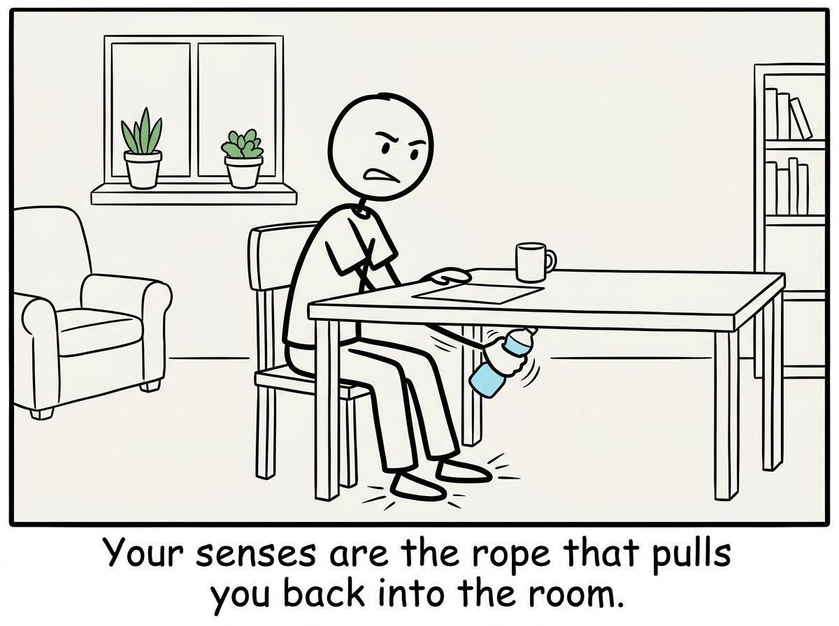 The stick figure pressing their feet firmly into the floor and squeezing a cold water bottle under the table