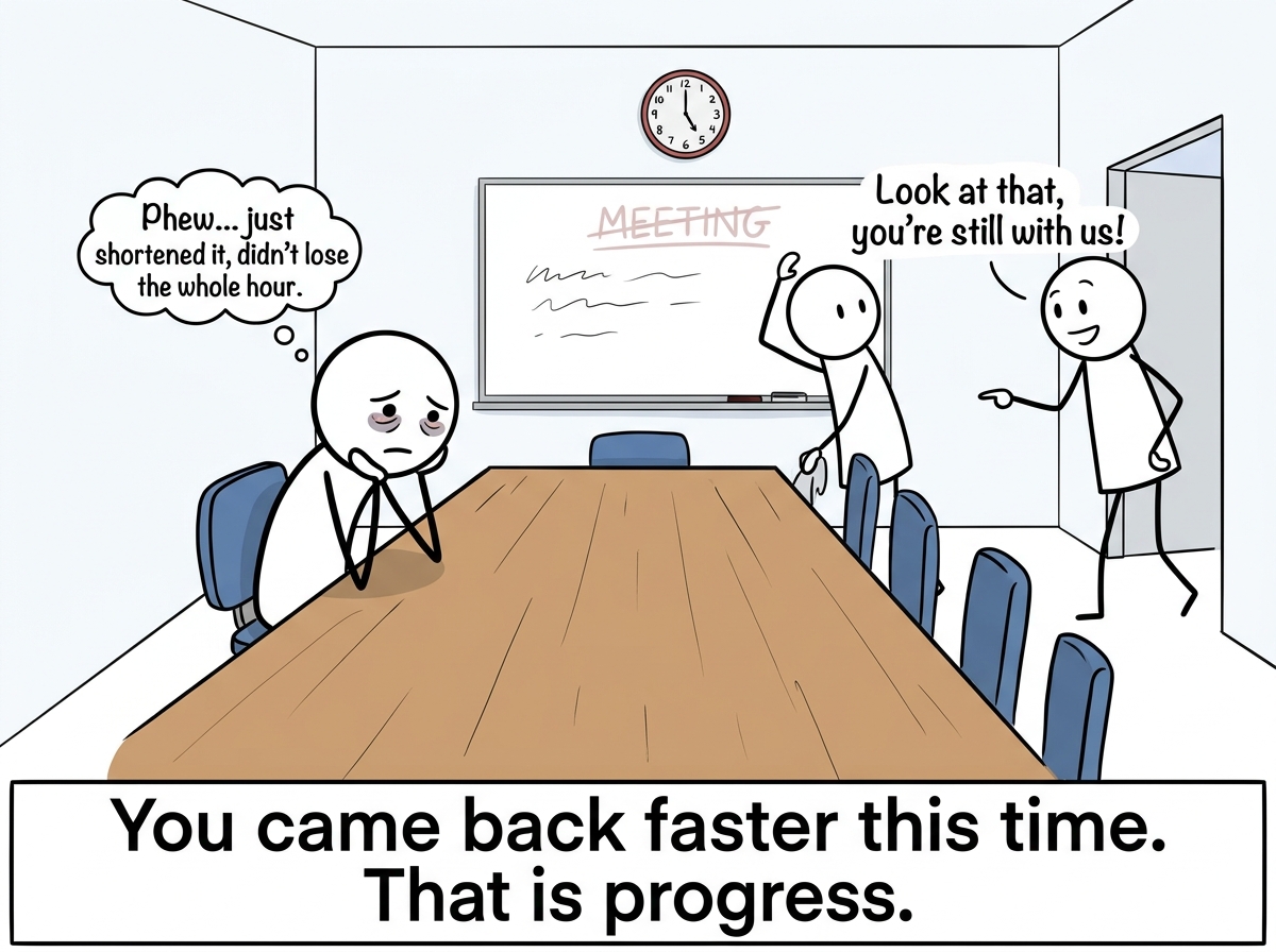 The stick figure still present at the end of the meeting, tired but there, having shortened the episode instead of losing the whole hour