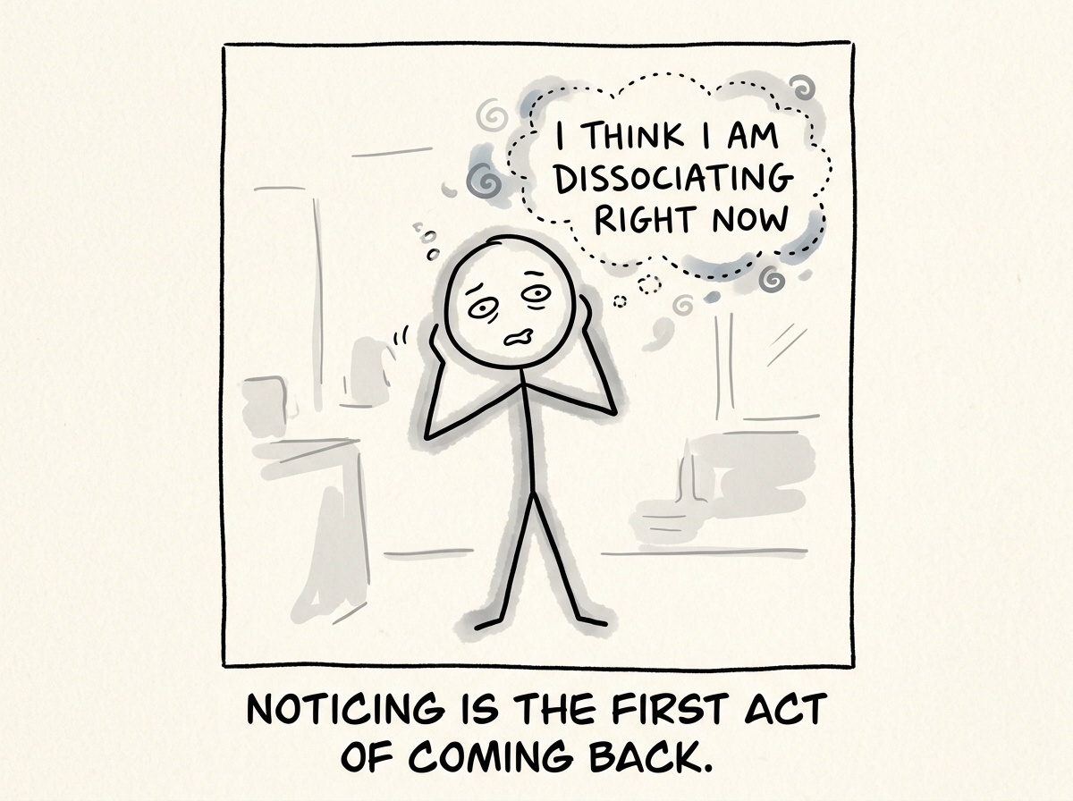 A stick figure notices themselves feeling foggy and distant, a thought bubble reads 'I think I am dissociating right now'