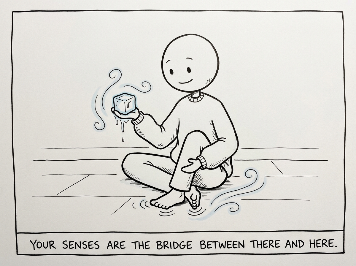 The stick figure gently pressing their feet into the floor and holding an ice cube, reconnecting to physical sensation