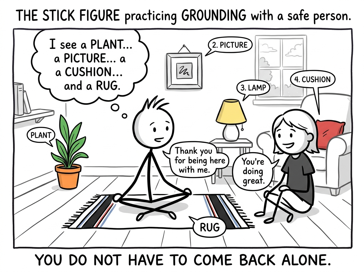 The stick figure practicing grounding with a safe person nearby, naming five things they can see in the room